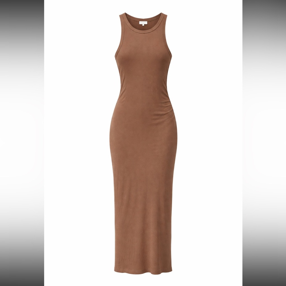 Meshki Viola Ribbed Split Racer Neck Dress in Camel Size Large